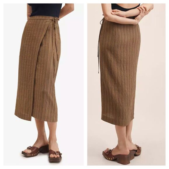 Mango MNG Striped Wrap Midi Skirt Brown Tan Size XS - Picture 1 of 8